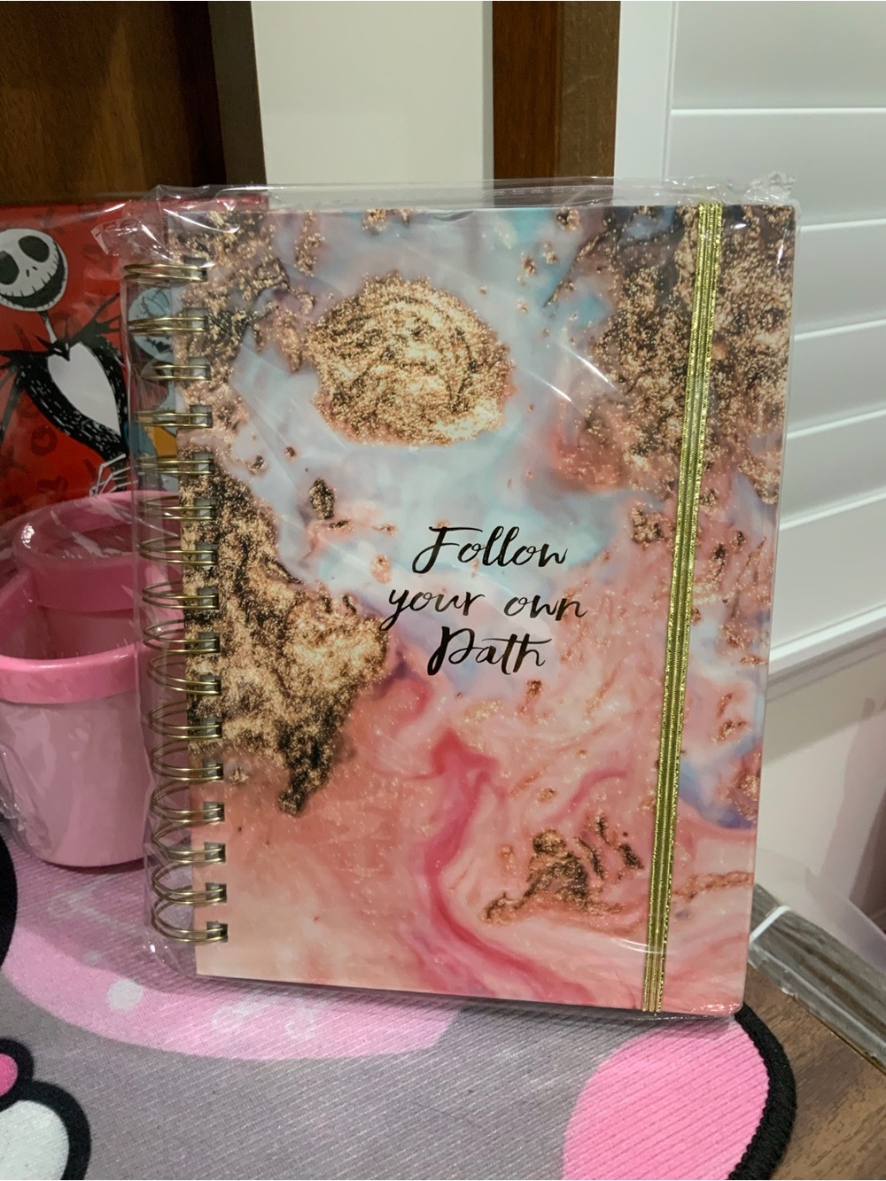Follow Your Own Path Pink Marble Spiral Journal by
